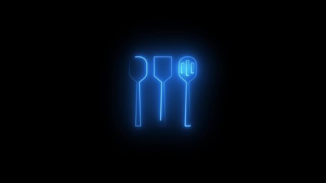 Glowing Blue Neon Utensils Spoon Fork Knife Set on Dark Background