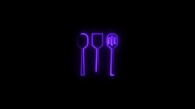 Neon Purple Utensils Spoon Fork Knife Glowing Outlines on Black Background