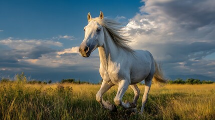 Majestic White Horse Galloping Through a Golden Field Under a Dramatic Sky.