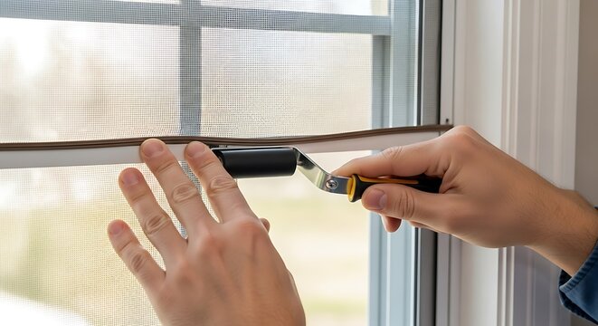 Hands securing screen replacement on a window with a specialized tool