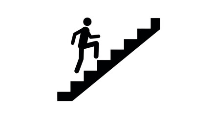 Vector icon of a black stick figure ascending a staircase, isolated on a transparent background, depicting progress or upward movement.