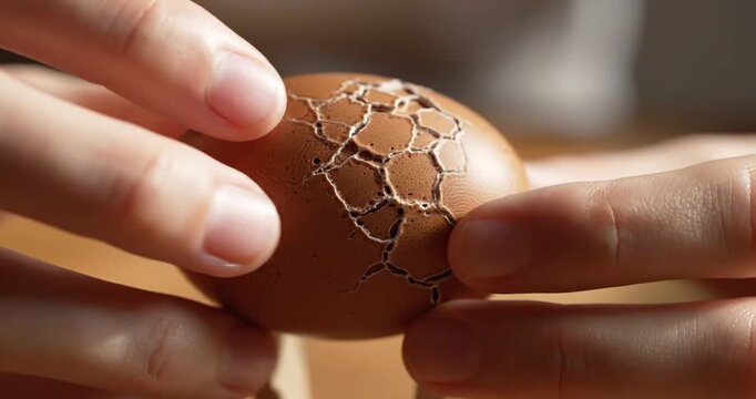 Close-up of hands gently holding a cracked egg with intricate patterns, symbolizing fragility