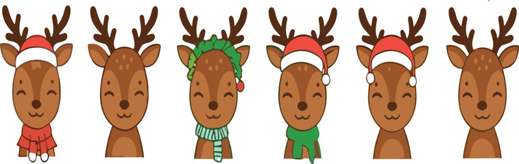 Cute Christmas reindeer characters collection featuring festive cartoon deer with hats and scarves in holiday vector illustration style © Sumon Creative