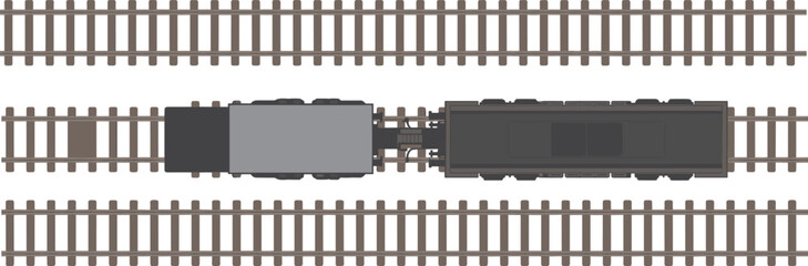 Top-down view of locomotive engine with connected train car on central railway track, industrial transport infrastructure and rail logistics design © Irin Akter