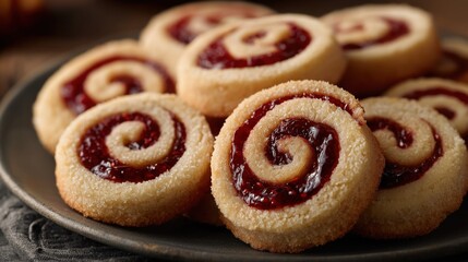 Fototapeta premium Small jam-filled cookies arranged in an elegant dish, placed on a white linen cloth with delicate flowers
