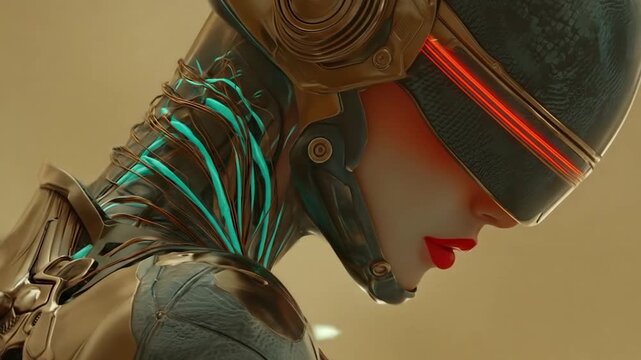 A futuristic woman wearing a metallic suit and helmet with glowing red lines looks downward.