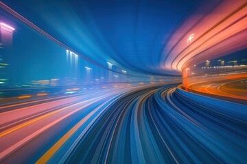 Fototapeta premium 高速で移動する電車内から撮影された、青とオレンジの光の軌跡が流れる未来的なトンネルの抽象的な背景。デジタル技術とスピード感を表現。