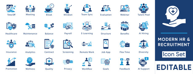 Modern HR and recruitment icon set. Vector collection including AI hiring, remote work, diversity, talent pool, wellness and flex time symbols.