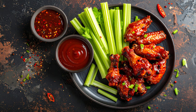 Delicious BBQ chicken wings with celery sticks and dipping sauces, presented in a flat lay style with vibrant natural lighting