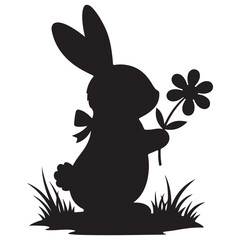 Silhouette of rabbit holding flower in cute spring style with black color on white background for easter greeting card