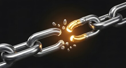 Obraz premium Heavy industrial steel chain breaking under intense pressure with a glowing orange fracture point and flying metal fragments against a dark black background