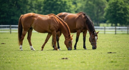 Obraz premium Two brown horses graze peacefully in a lush green pasture on a sunny day