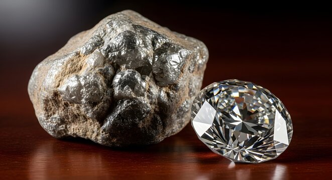 Comparison of a rough, uncut diamond rock and a sparkling polished brilliant-cut gemstone on a dark wooden surface, illustrating the transformation from raw mineral to fine jewelry