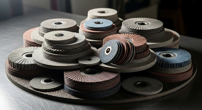 Varied grinding wheels display, abrasive industrial tools selection range