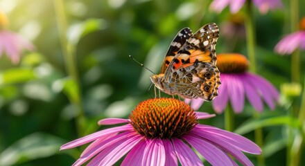 Obraz premium Painted Lady Butterfly on Purple Coneflower in Sunny Garden.