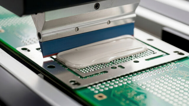 Close-up of machine applying thermal paste to computer chip on circuit board