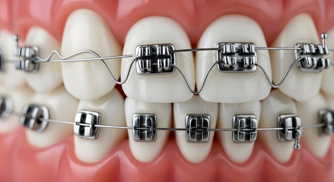 Macro view of white teeth with silver metal orthodontic braces and archwires, highlighting dental alignment, healthcare treatment, and stomatology in a clean studio setting