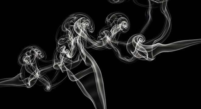 Abstract Swirling White Smoke Wisps on Black Background.