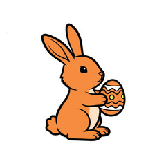 Cartoon bunny holding Easter egg in orange color with simple lines on white background for greeting card