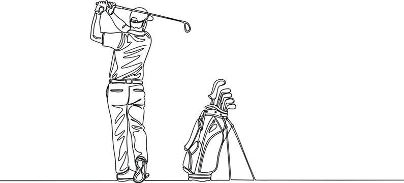 Minimalist continuous line drawing of golfer swing follow-through with golf bag for country club and sports branding