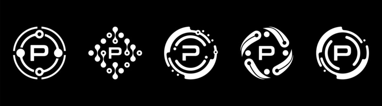 Set of minimalist letter P technology logos in monochrome style. Abstract circular and network shapes represent digital systems, AI, innovation, and modern tech branding on black background