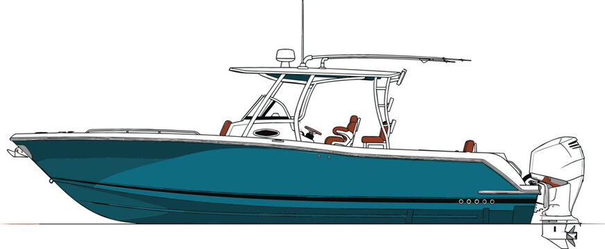 Modern teal center console sportfishing boat with outboard motors and T-top for marine retail and luxury charter branding