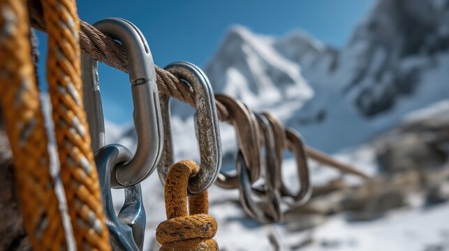 Close-up of carabiners and climbing ropes with blurred mountains backdrop