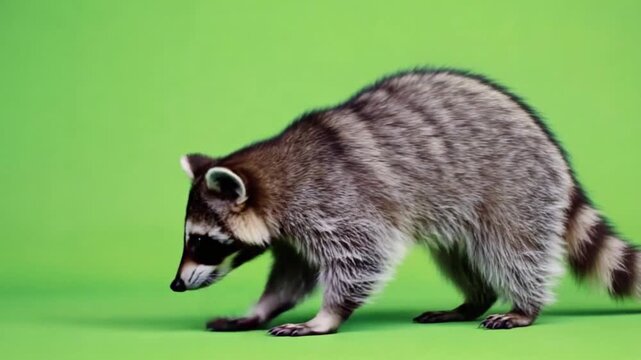 Cute raccoon standing on green background looking curious