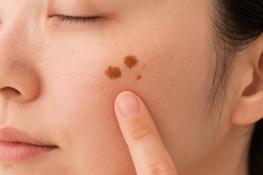 頬にできた濃い茶色のシミやそばかすを指で触れているアジア人女性のクローズアップ、肌の悩みや美容医療のイメージ