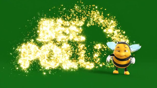 A smiling cartoon bee with swords and a honey pot flying in a green environment.