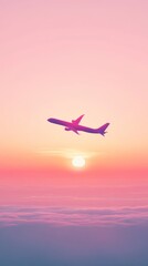 Airplane is flying over a sea of clouds during a breathtaking sunset, showcasing the beauty of travel and the wonder of flight