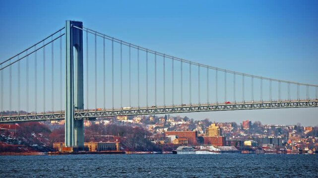 New York, USA, 25 December 2025: Verrazzano-Narrows Bridge over the New York harbor. Side view of the Verrazzano-Narrows suspension bridge connecting Brooklyn and Staten Island