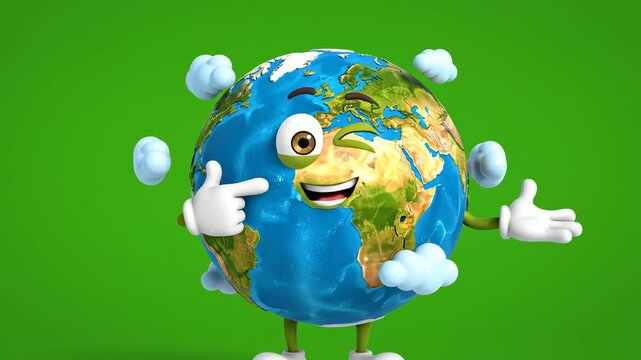 A cheerful cartoon globe with a smiling face waves on a green background with clouds.