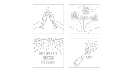 Fototapeta premium New Year Celebration Icons: Champagne Toast, Fireworks, Confetti, and Bottle Popping