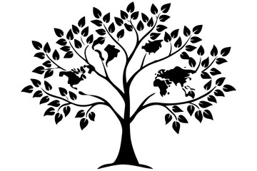 Fototapeta premium A monochrome illustration features a stylized tree with several global continents distinctly forming its leafy canopy.