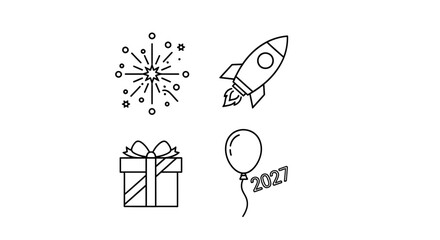 Fototapeta premium New Year Celebration Icons: Fireworks, Rocket, Gift Box, Balloon with 2027