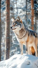 Obraz premium Majestic Wolf Standing on Snowy Hillside in Winter Forest