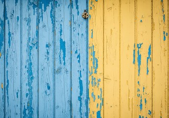 Obraz premium Weathered blue and yellow wooden fence with peeling paint and rusty nail
