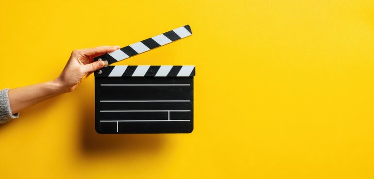 Hand holding a black movie clapperboard with white stripes against a bright yellow background, ideal for film production and cinematic themes