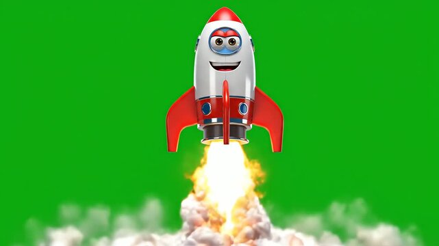 A red and white rocket ship blasts off from a launchpad on a green background.
