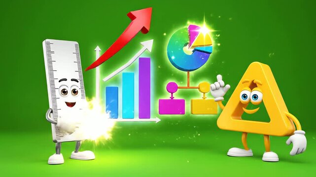 A 3D illustration of a ruler and triangle cartoon characters pointing at colorful graphs on a green background.