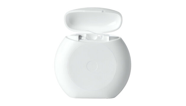 A close-up, studio shot of a white, orb-shaped dental floss dispenser with its lid open, revealing the floss