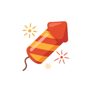 A colorful flat illustration of a bottle rocket firework with sparkling elements isolated on transparent background
