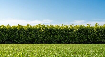 Fototapeta premium Vibrant green lawn with a neatly trimmed hedge under a clear azure blue sky, creating a natural boundary for outdoor design projects.