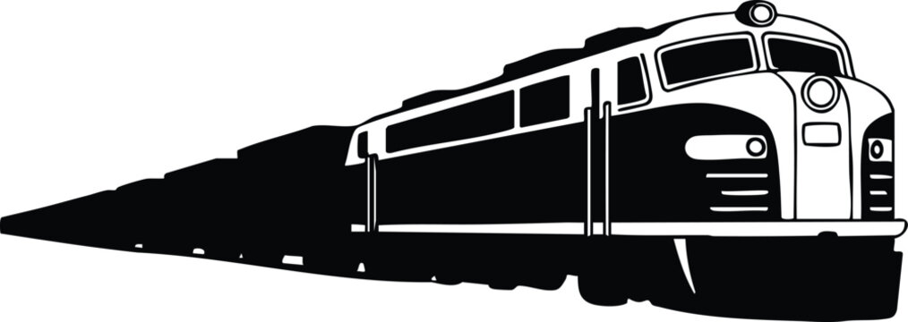 High-Contrast Silhouette of a Modern Streamliner Train, Stylized Vector Graphic of a Fast-Moving Locomotive, Minimalist Illustration of a Diesel Train Engine in Perspective, vector, illustration.