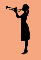 夕暮れのトランペット少女シルエット