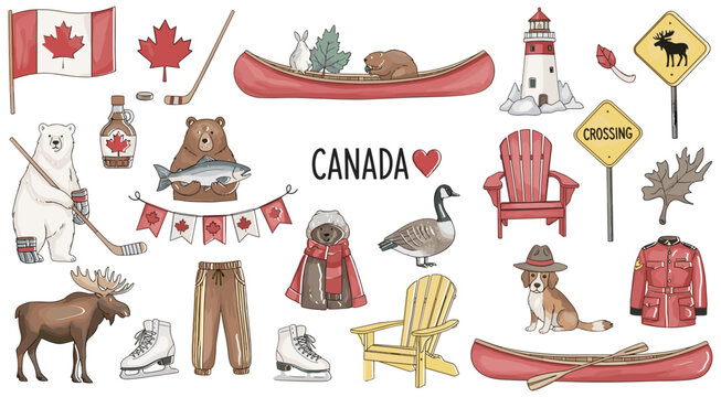 Canada travel sticker set featuring maple leaf flag moose polar bear beaver hockey lighthouse maple syrup and iconic national symbols for tourism (22 words)