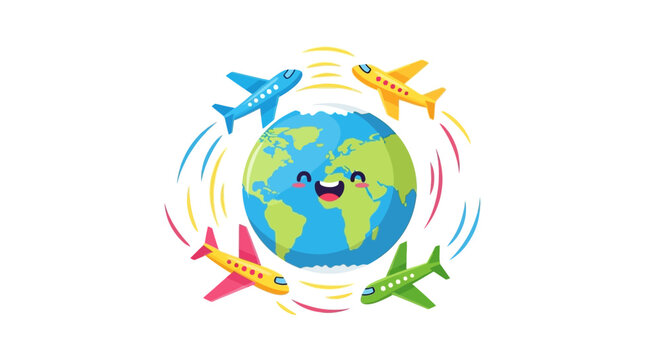 Illustration of a smiling globe with planes flying around it, symbolizing global tourism resilience and comeback on a colorful background.
