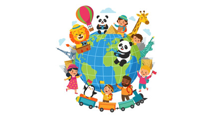 Illustration of a diverse group of people and animals celebrating Global Tourism Resilience Day with a globe, symbolizing a tourism comeback, travel, and safety.