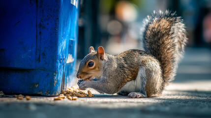 A squirrel eating food near a trash can on a city sidewalk &ndash; Wildlife in cities, human-wildlife interaction, and the concept of environmental education.